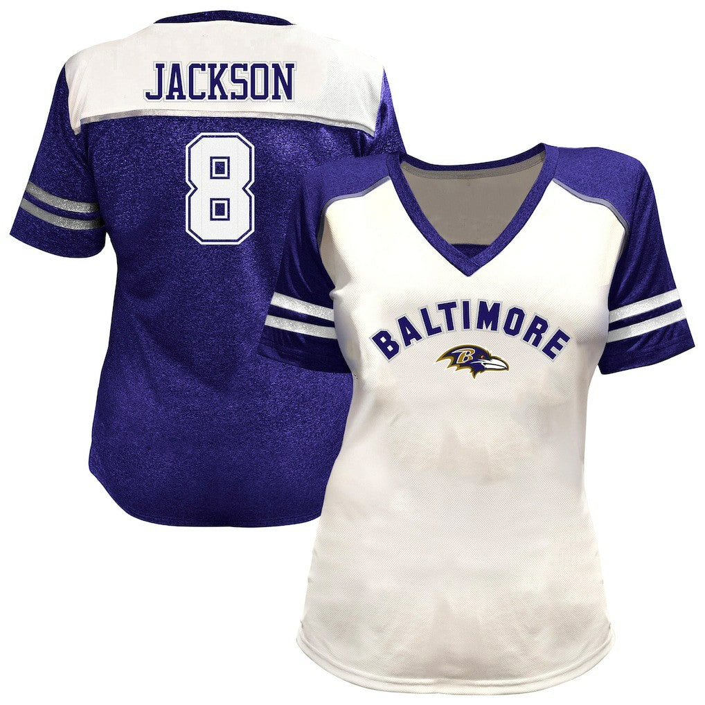 NFL Baltimore Ravens Lamar Jackson  Women's Plus Size Bling V-Neck T-Shirt