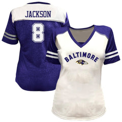 NFL Baltimore Ravens Lamar Jackson  Women's Plus Size Bling V-Neck T-Shirt