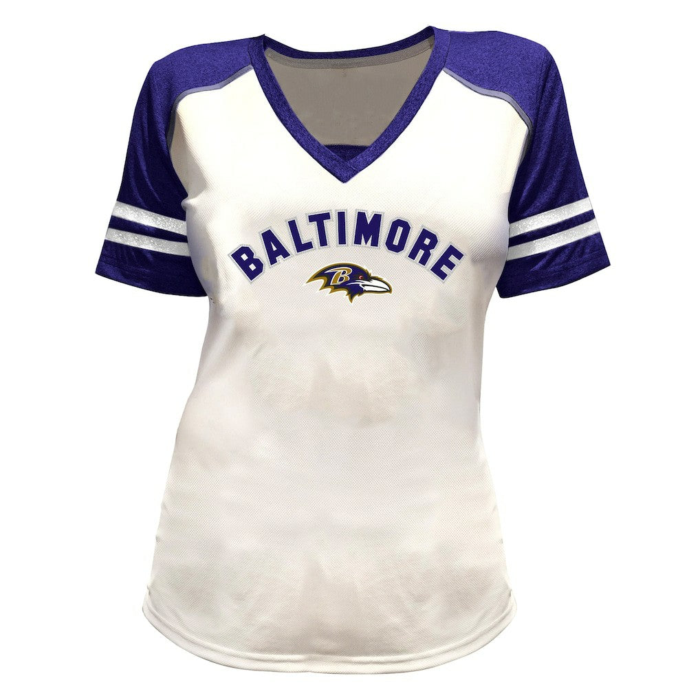 NFL Baltimore Ravens Lamar Jackson  Women's Plus Size Bling V-Neck T-Shirt