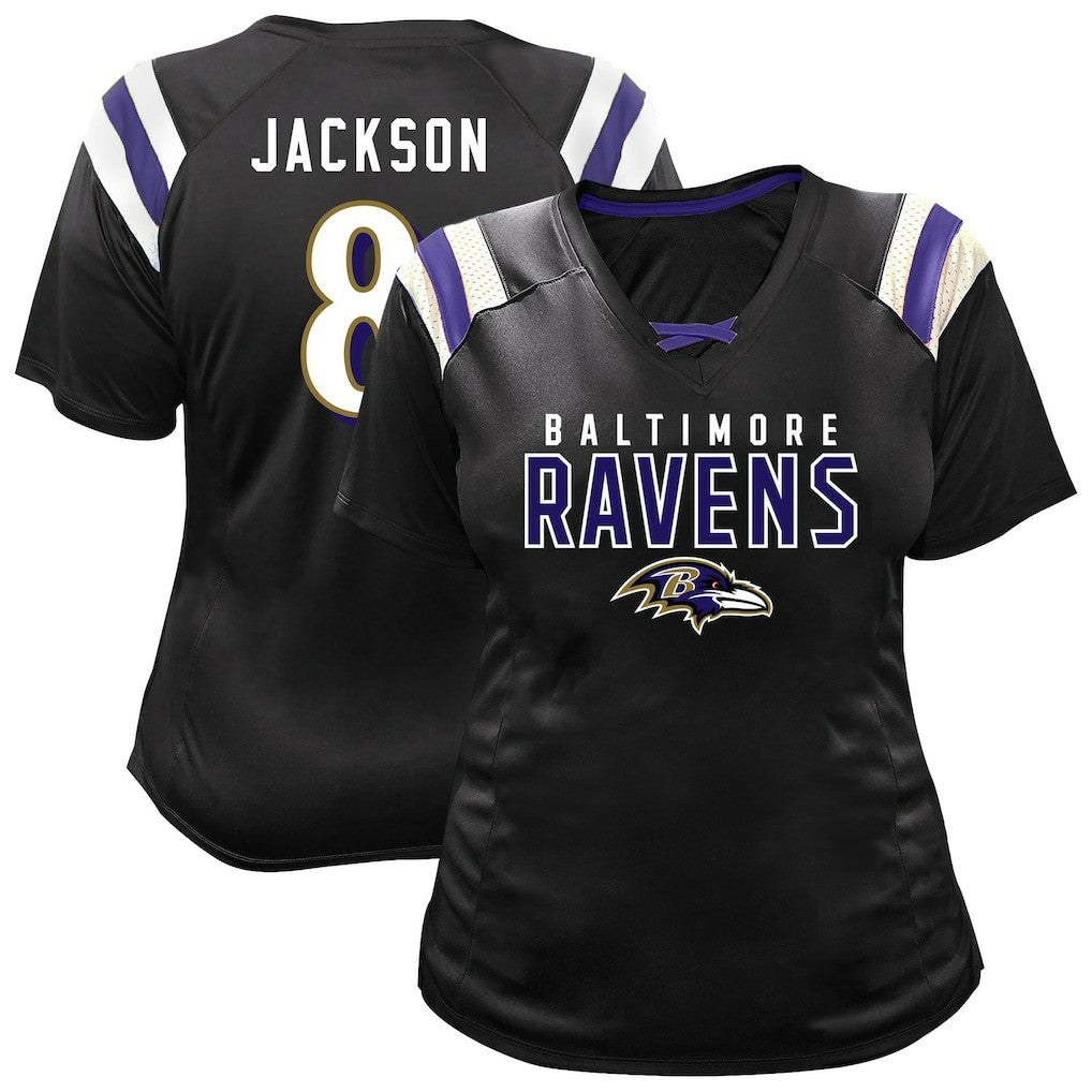 NFL Baltimore Ravens Lamar Jackson  Women's Plus Size Name & Number Raglan Lace V-Neck T-Shirt