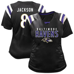 NFL Baltimore Ravens Lamar Jackson  Women's Plus Size Name & Number Raglan Lace V-Neck T-Shirt