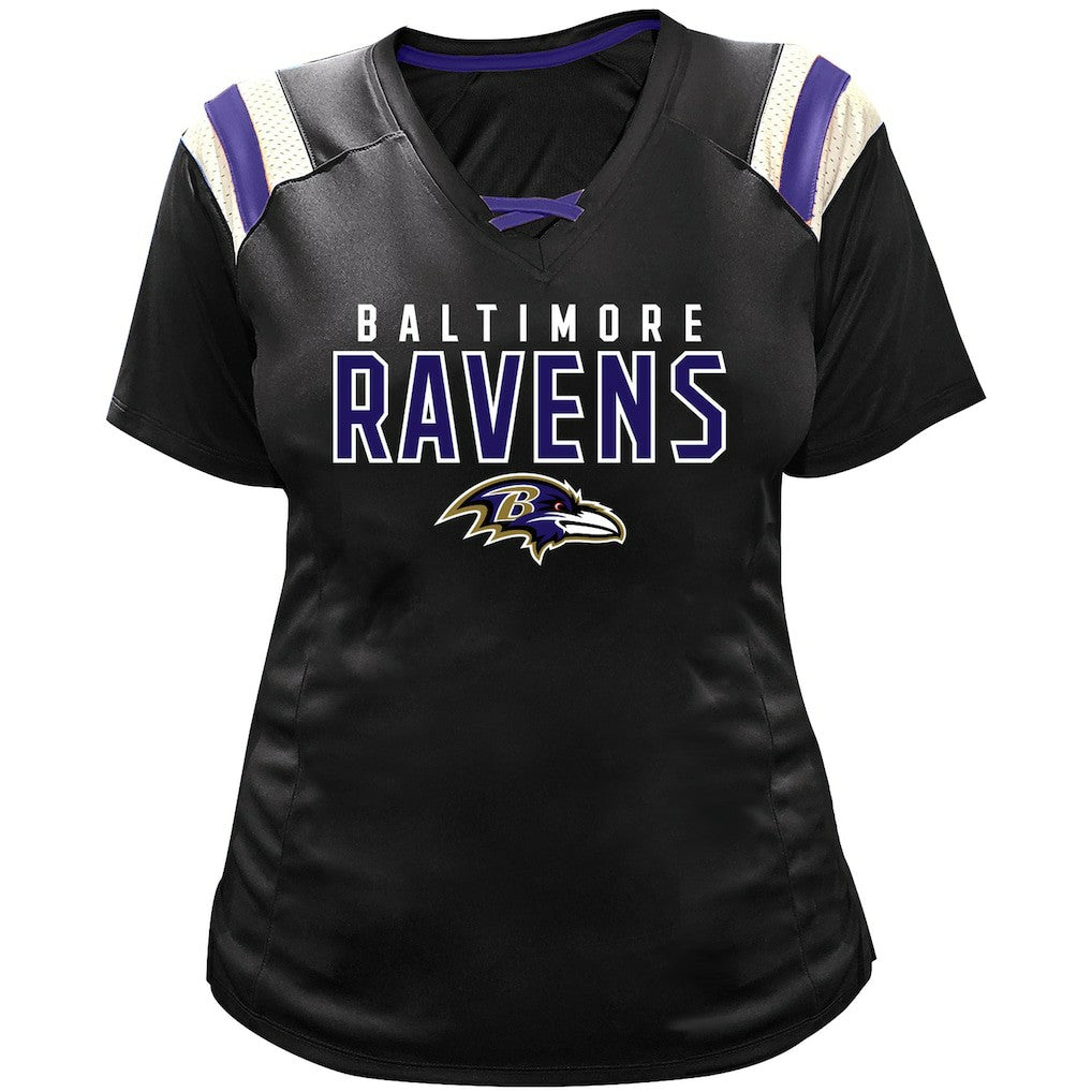 NFL Baltimore Ravens Lamar Jackson  Women's Plus Size Name & Number Raglan Lace V-Neck T-Shirt