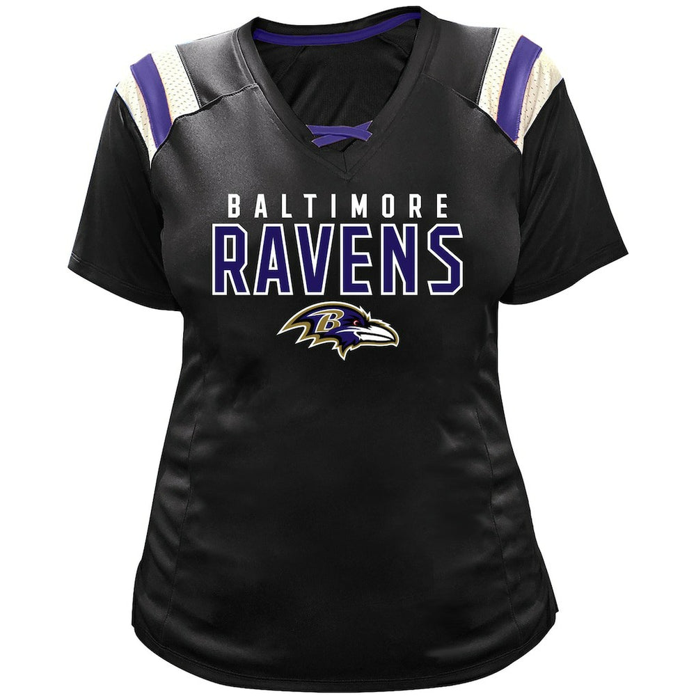 NFL Baltimore Ravens Lamar Jackson  Women's Plus Size Name & Number Raglan Lace V-Neck T-Shirt