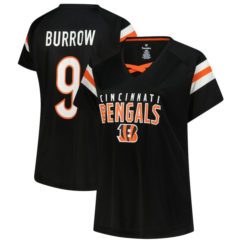 NFL Cincinnati Bengals Joe Burrow  Women's Plus Size Name & Number Raglan Lace V-Neck T-Shirt
