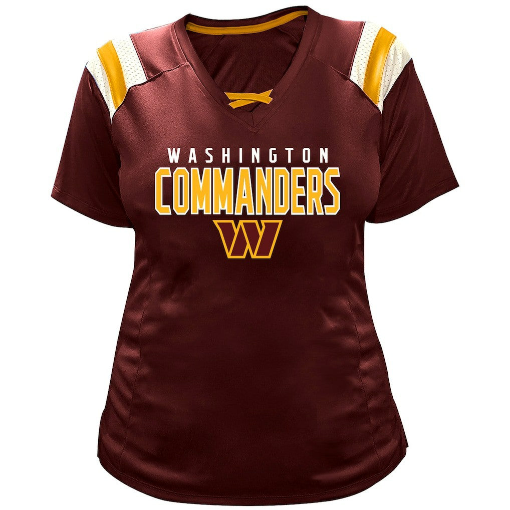 NFL Washington Commanders Jayden Daniels  Women's Plus Size Name & Number Raglan Lace V-Neck T-Shirt
