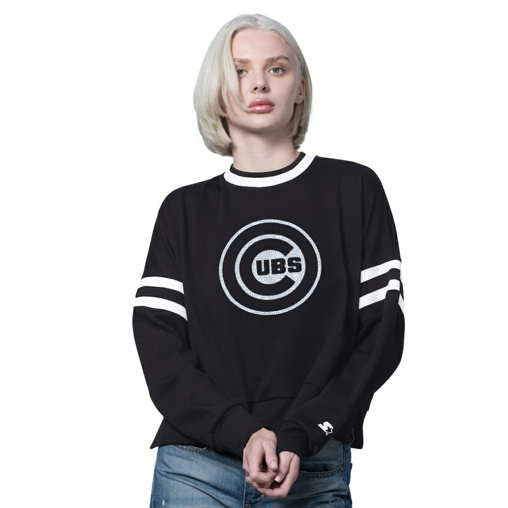 Chicago Cubs Starter Women's Rally Cropped Drop Shoulder Crewneck Sweatshirt - Black