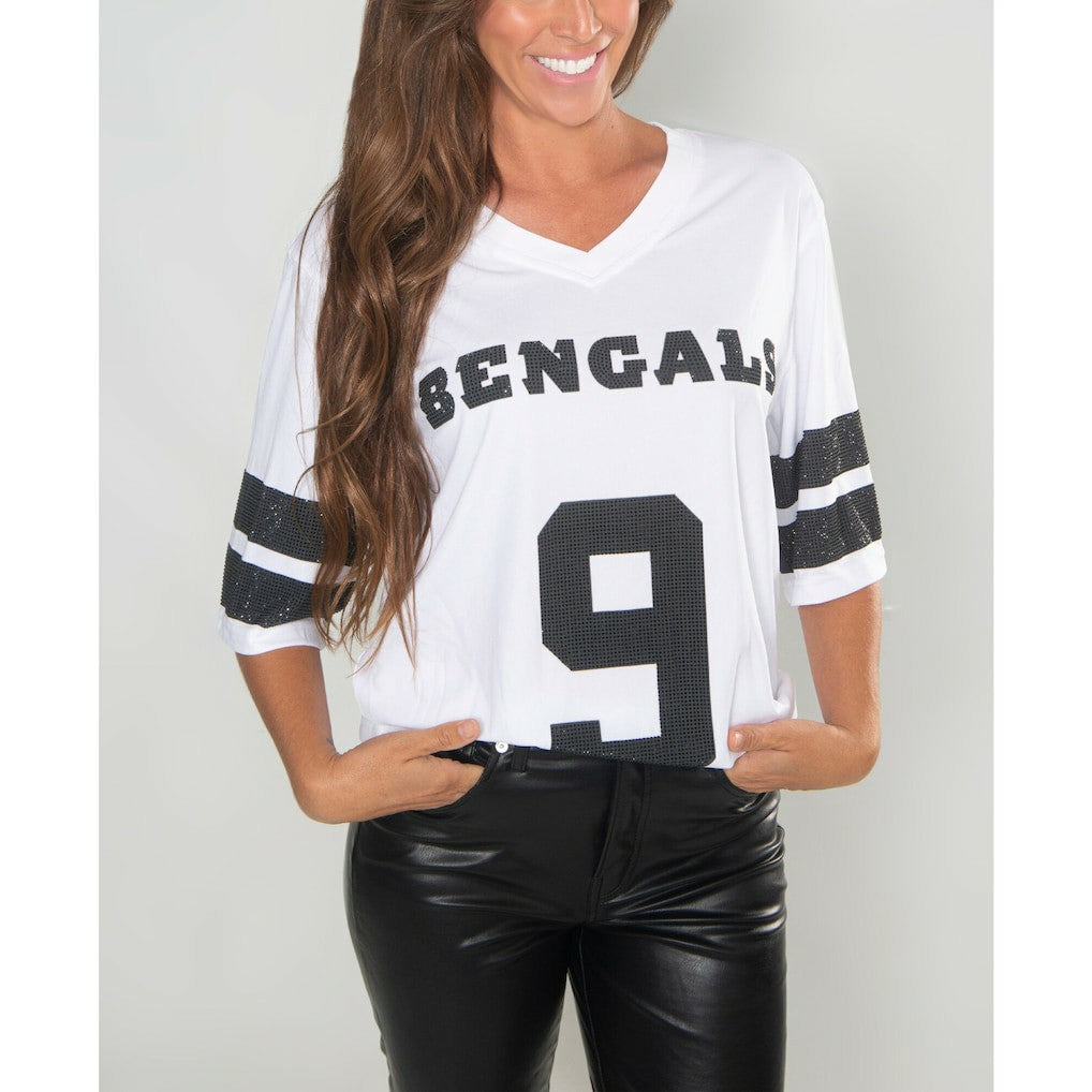 NFL Cincinnati Bengals Joe Burrow  Cuce Women's Crystal V-Neck Tunic