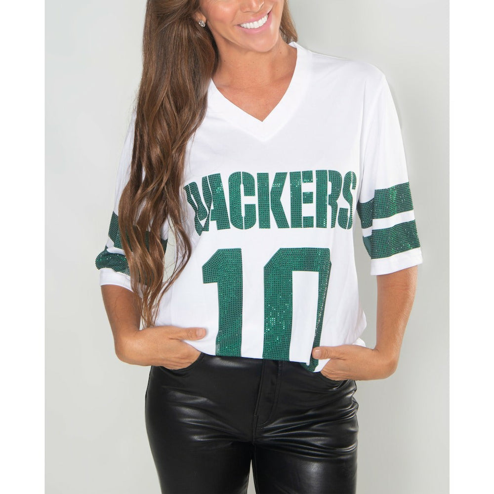 NFL Green Bay Packers Jordan Love  Cuce Women's Crystal V-Neck Tunic