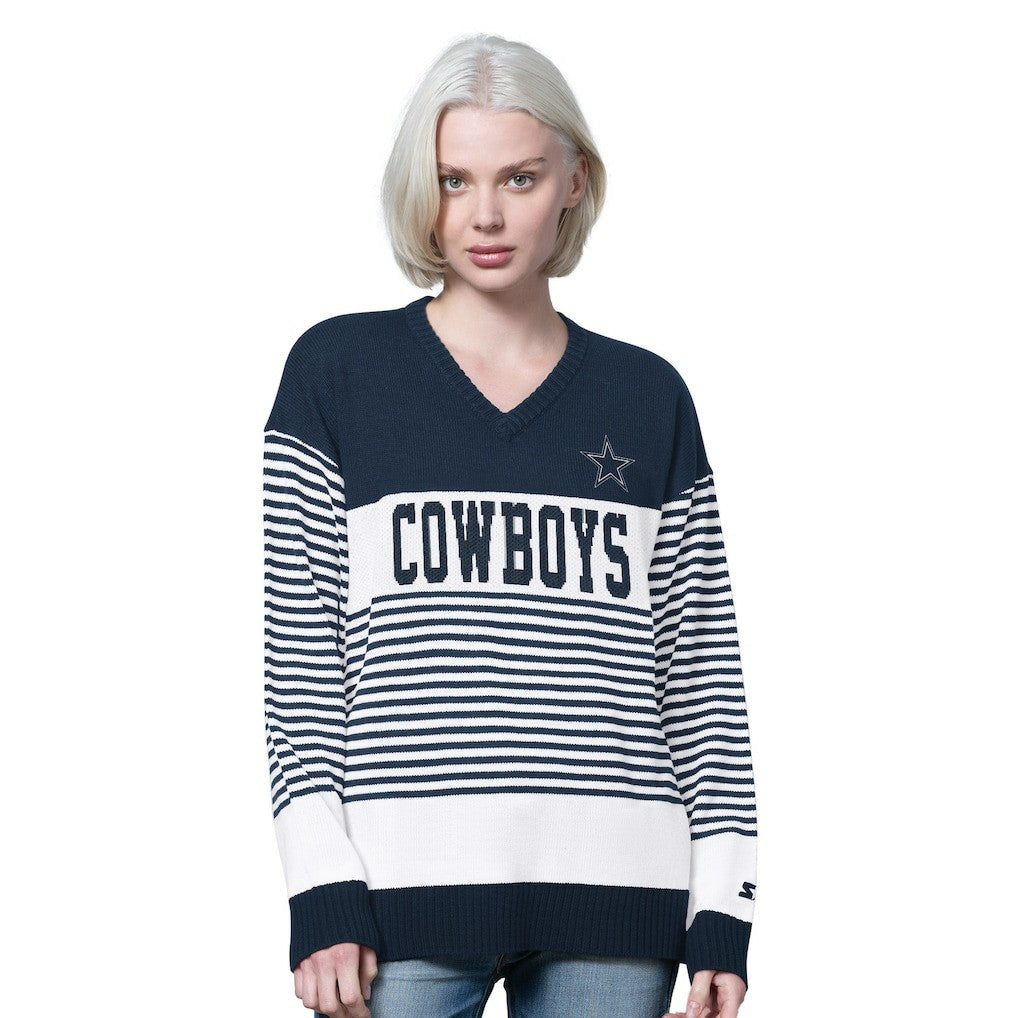 NFL Dallas Cowboys Starter Women's No Huddle Striped V-Neck Sweater