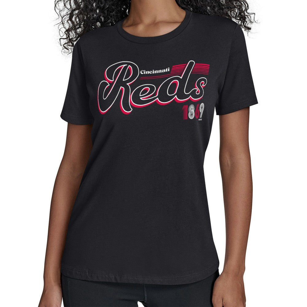 Cincinnati Reds Starter Women's Groovy Script Team Fitted T-Shirt - Black