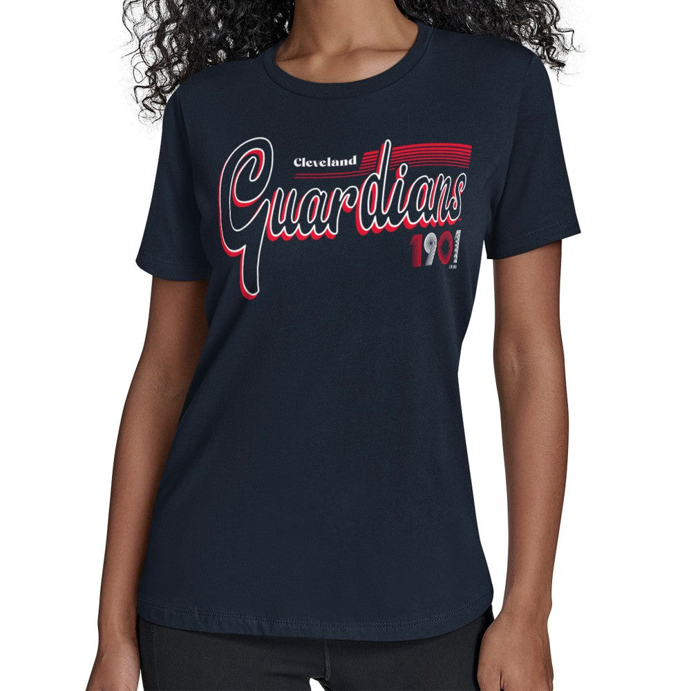 Cleveland Guardians Starter Women's Groovy Script Team Fitted T-Shirt - Navy