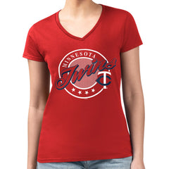 Minnesota Twins G-III 4Her by Carl Banks Women's Super-Slim Fit Lightweight Pinstripe Circle V-Neck T-Shirt - Red