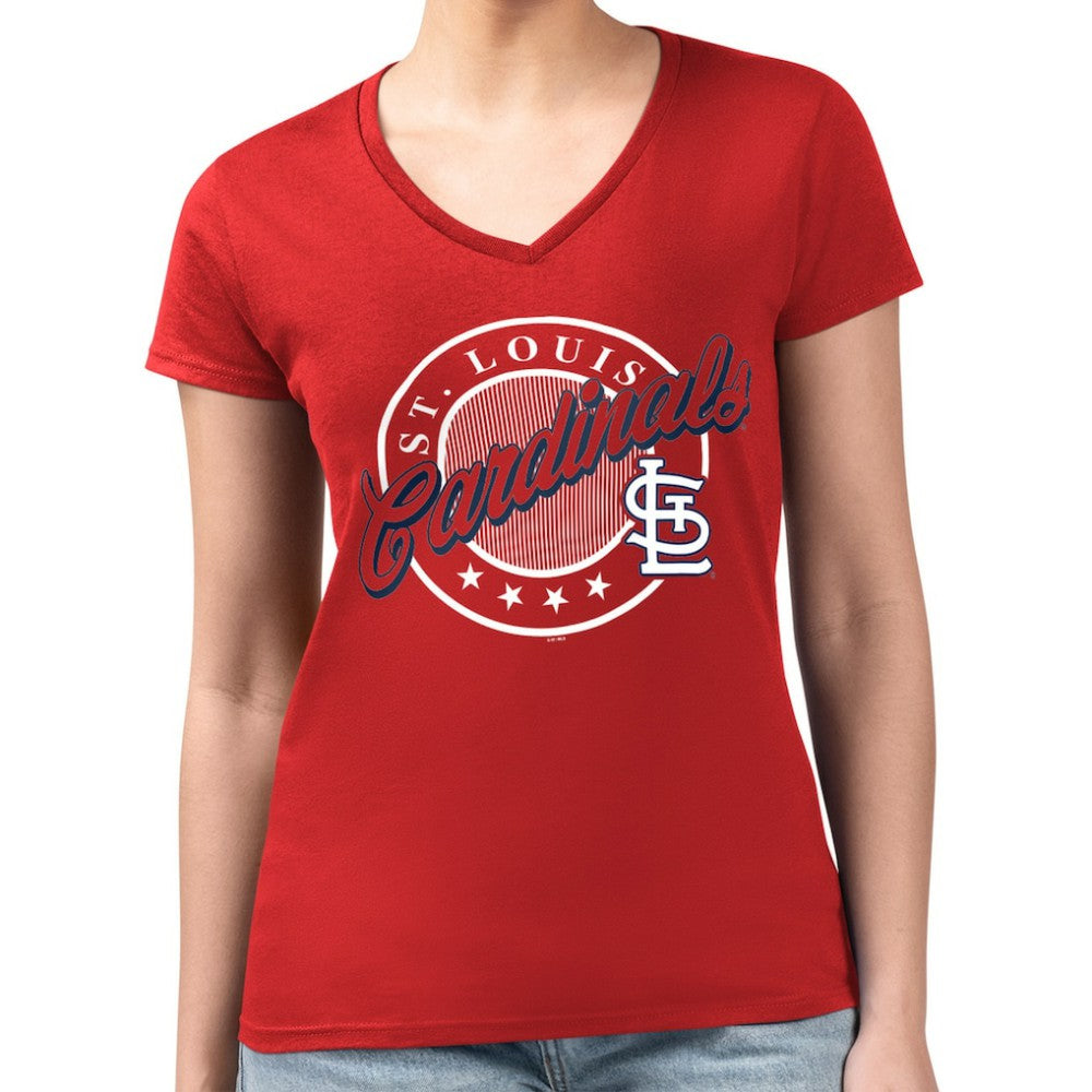 St. Louis Cardinals G-III 4Her by Carl Banks Women's Super-Slim Fit Lightweight Pinstripe Circle V-Neck T-Shirt - Red