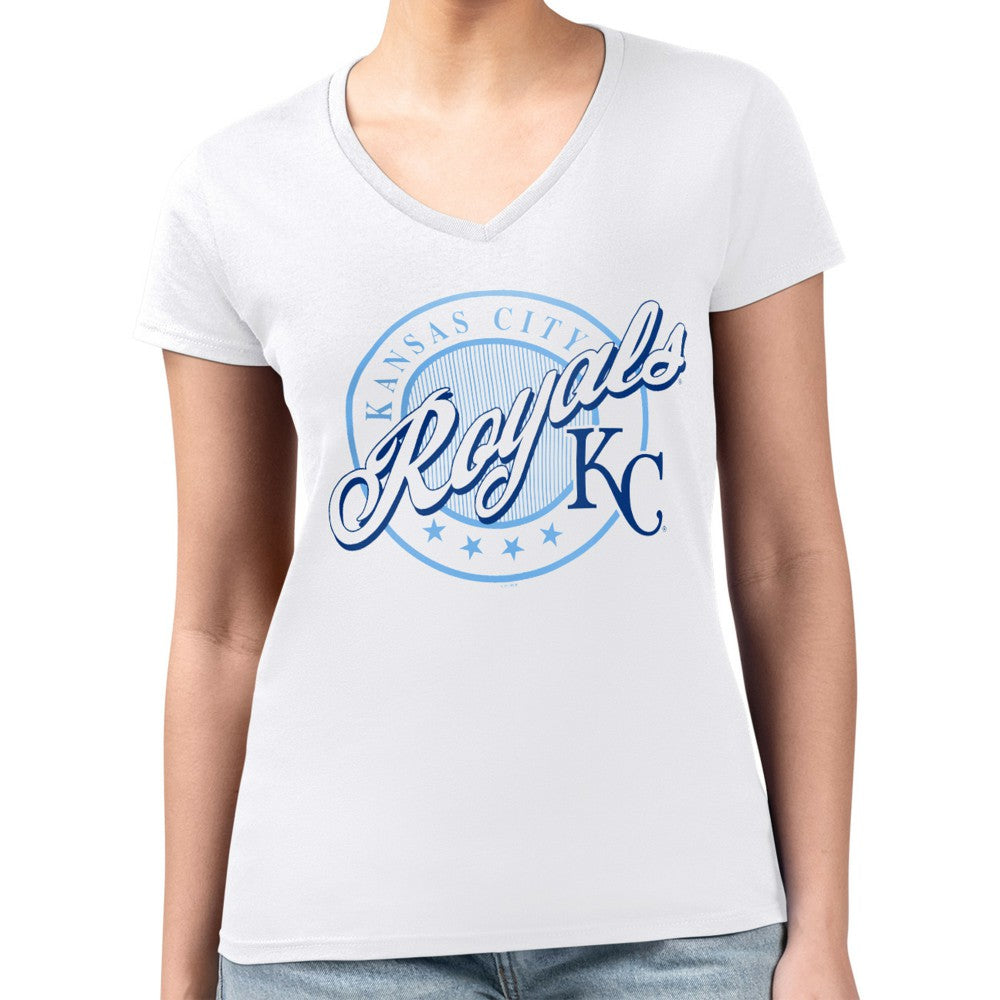 Kansas City Royals G-III 4Her by Carl Banks Women's Super-Slim Fit Lightweight Pinstripe Circle V-Neck T-Shirt - White