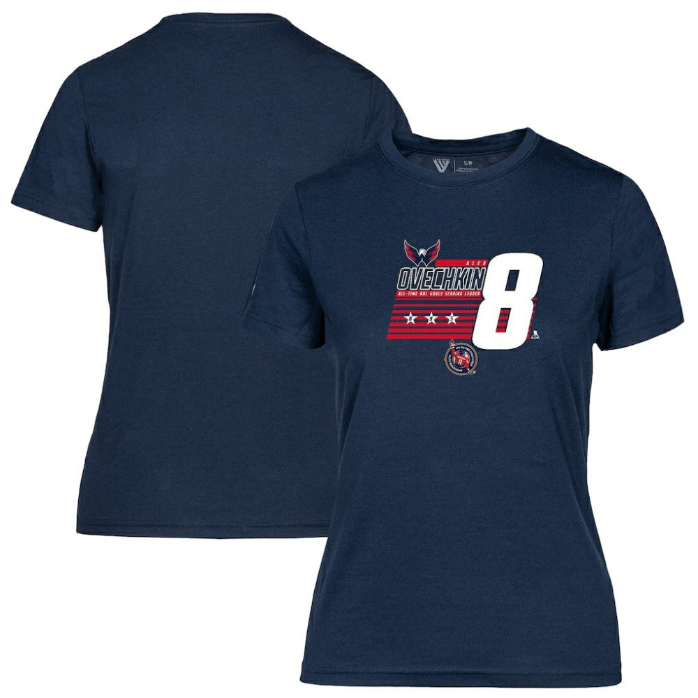 Alexander Ovechkin Washington Capitals Levelwear Women's NHL All-Time Leading Goal Scorer Milestone Stripes Name & Number Maddox T-Shirt