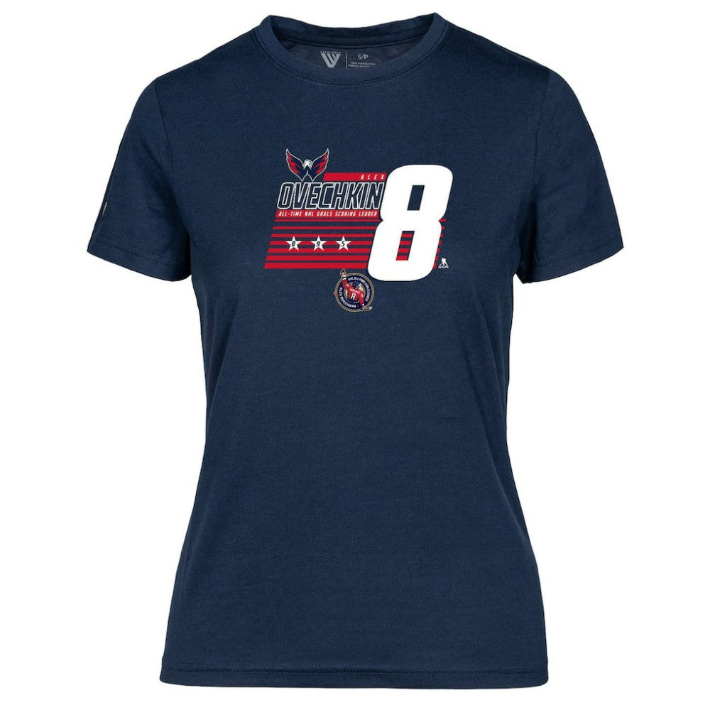 Alexander Ovechkin Washington Capitals Levelwear Women's NHL All-Time Leading Goal Scorer Milestone Stripes Name & Number Maddox T-Shirt