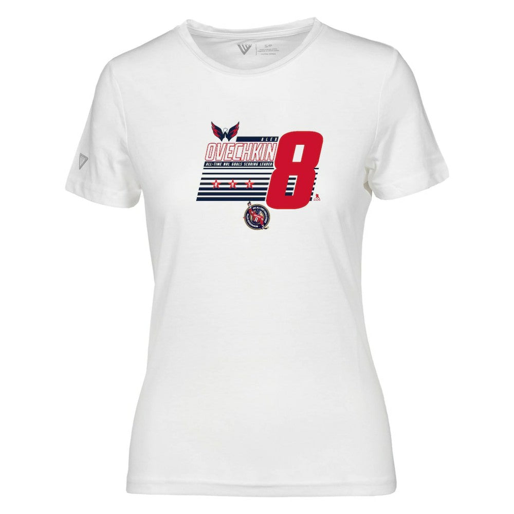 Alexander Ovechkin Washington Capitals Levelwear Women's NHL All-Time Leading Goal Scorer Milestone Stripes Name & Number Maddox T-Shirt