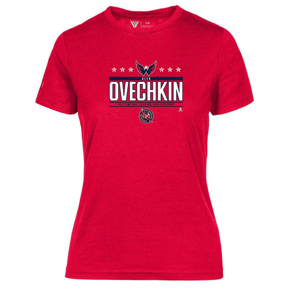 Alexander Ovechkin Washington Capitals Levelwear Women's NHL All-Time Leading Goal Scorer Milestone Stars Name & Number Maddox T-Shirt