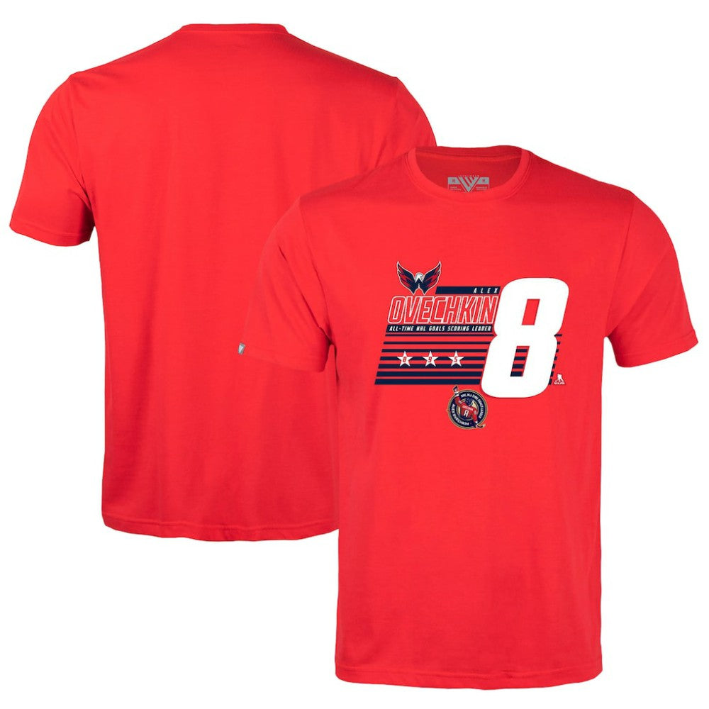Alexander Ovechkin Washington Capitals Levelwear NHL All-Time Leading Goal Scorer Milestone Stripes Name & Number Richmond T-Shirt