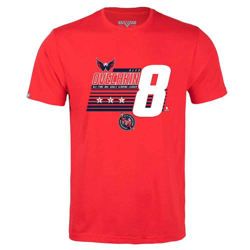 Alexander Ovechkin Washington Capitals Levelwear NHL All-Time Leading Goal Scorer Milestone Stripes Name & Number Richmond T-Shirt