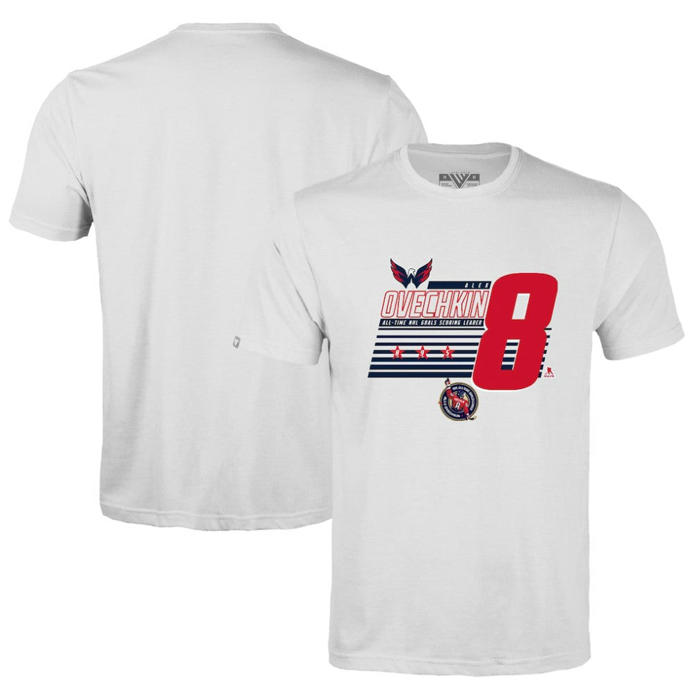 Alexander Ovechkin Washington Capitals Levelwear NHL All-Time Leading Goal Scorer Milestone Stripes Name & Number Richmond T-Shirt