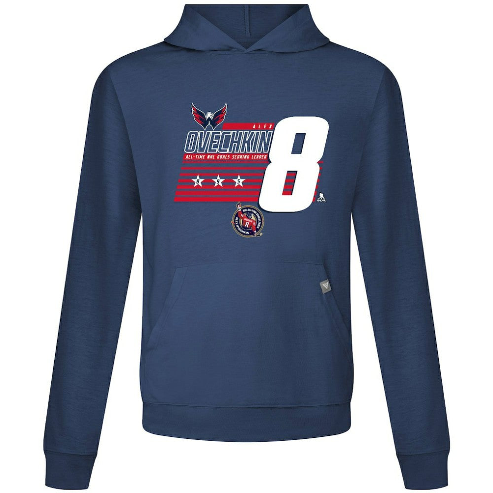 Alexander Ovechkin Washington Capitals Levelwear NHL All-Time Leading Goal Scorer Milestone Stripes Name & Number Relay Pullover Hoodie
