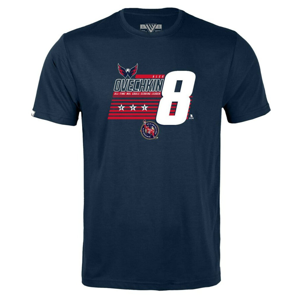 Alexander Ovechkin Washington Capitals Levelwear Youth NHL All-Time Leading Goal Scorer Milestone Stripes Name & Number Little Richmond T-Shirt
