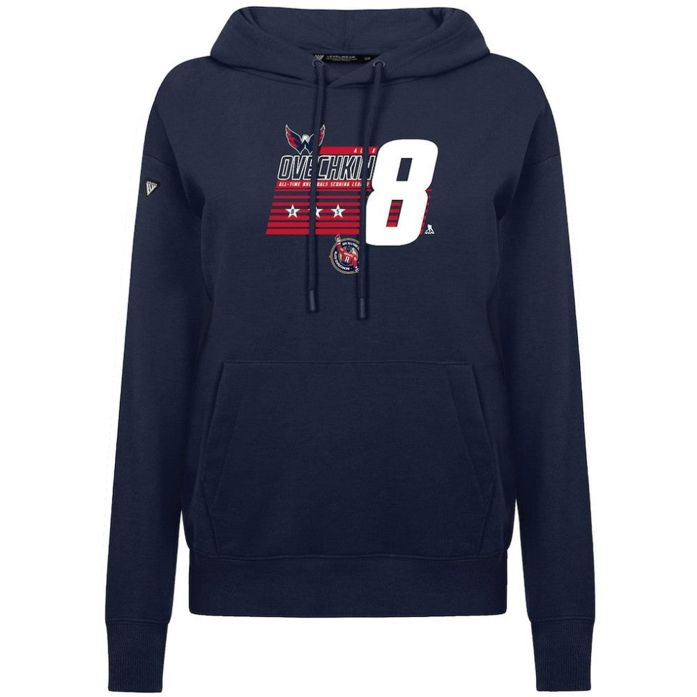 Alexander Ovechkin Washington Capitals Levelwear Women's NHL All-Time Leading Goal Scorer Milestone Stripes Name & Number Adorn Pullover Hoodie