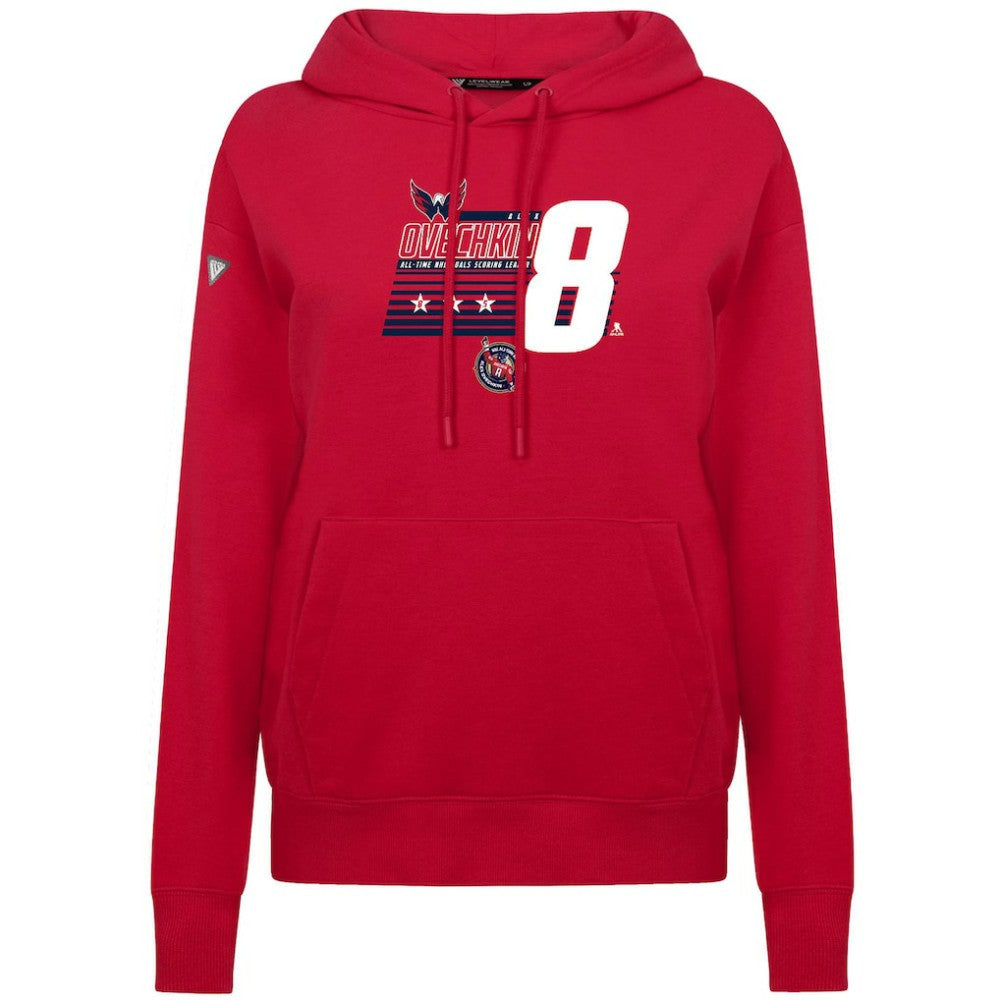Alexander Ovechkin Washington Capitals Levelwear Women's NHL All-Time Leading Goal Scorer Milestone Stripes Name & Number Adorn Pullover Hoodie