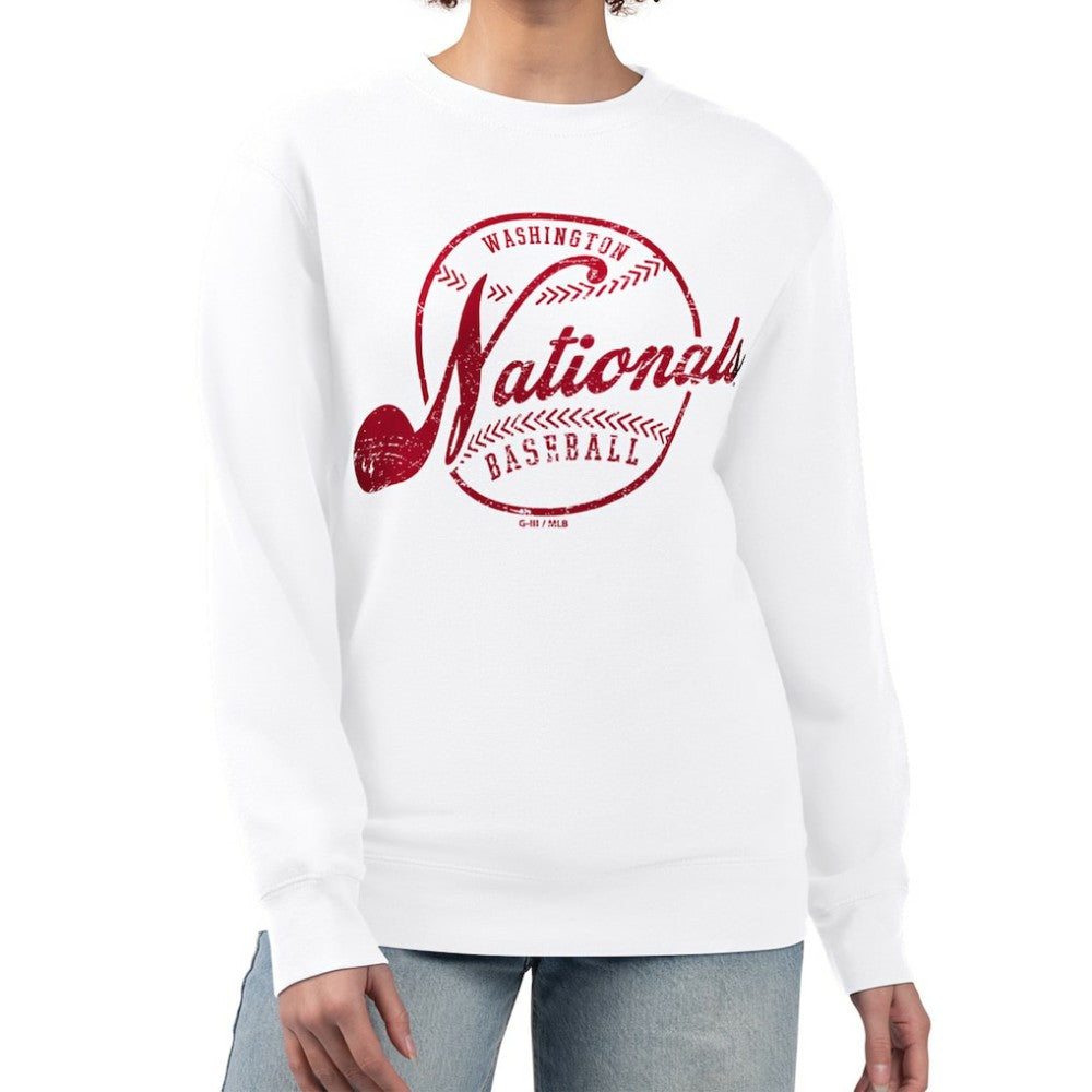 Washington Nationals G-III 4Her by Carl Banks Women's Distressed Baseball Team Fleece Pullover Sweatshirt - White