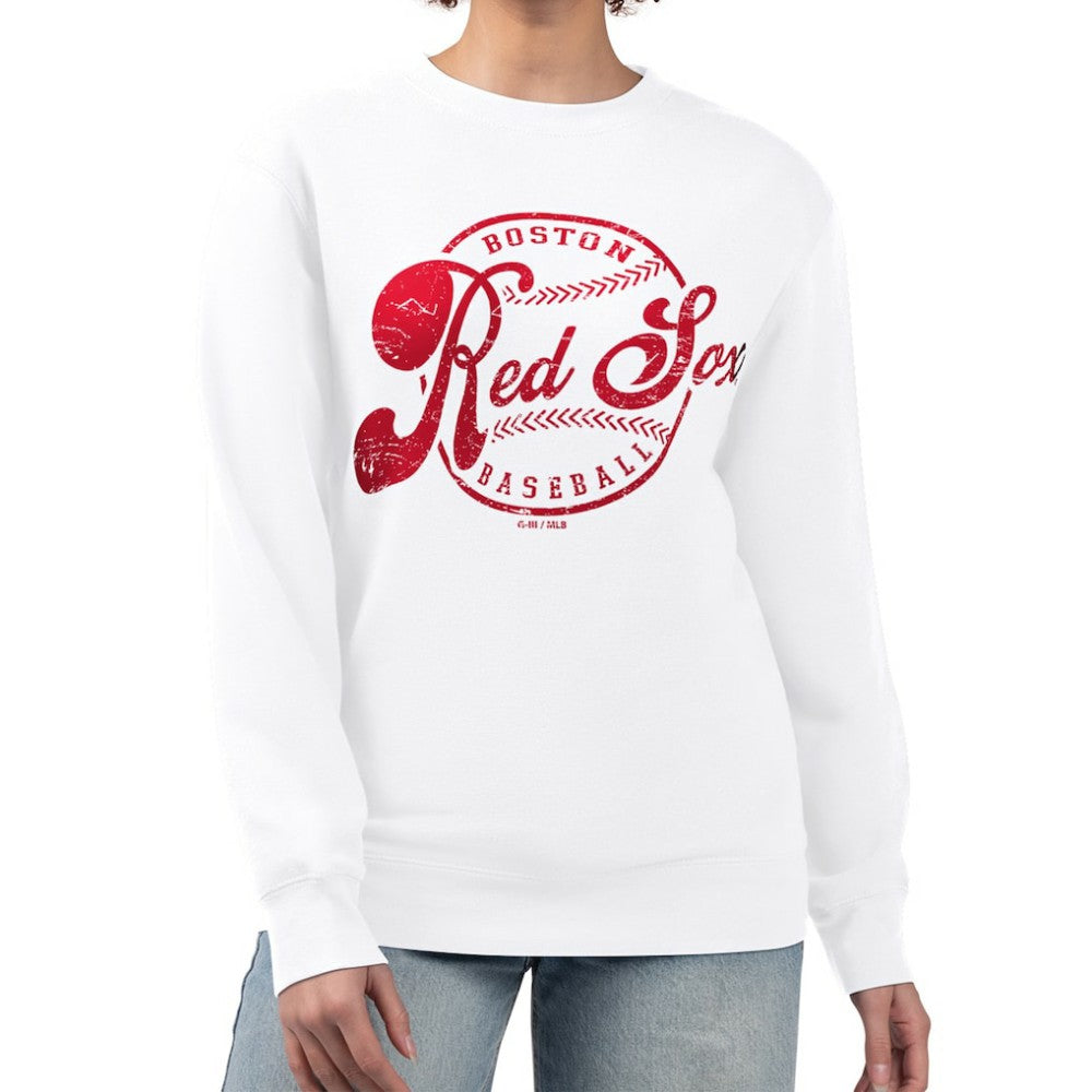 Boston Red Sox G-III 4Her by Carl Banks Women's Distressed Baseball Team Fleece Pullover Sweatshirt - White