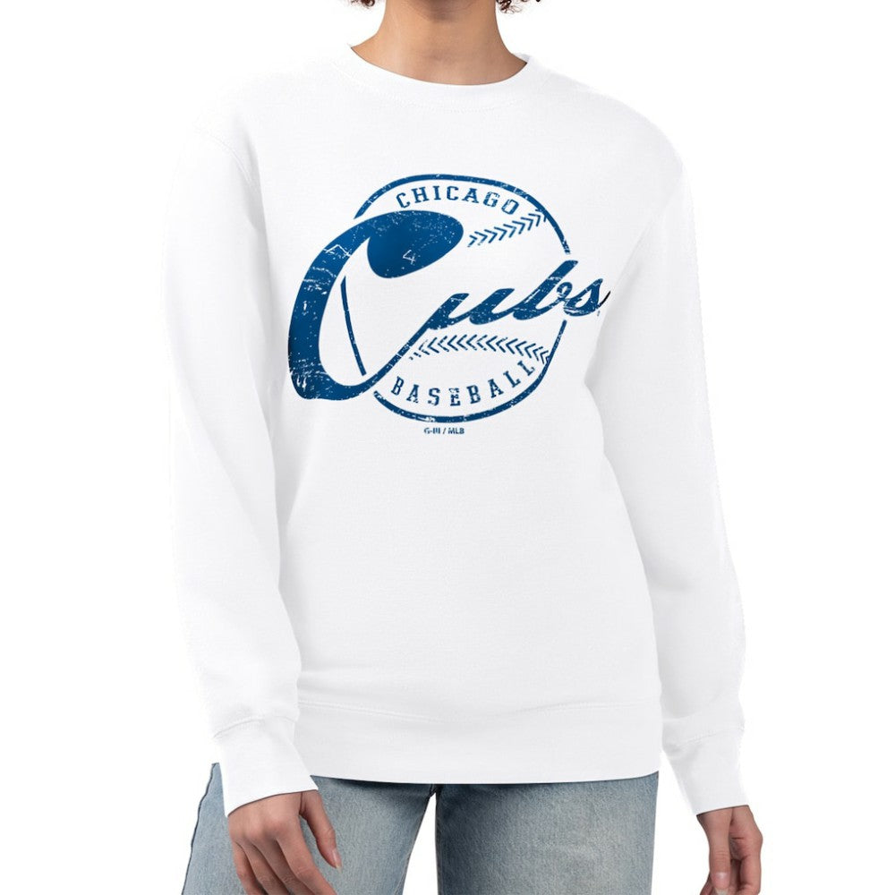 Chicago Cubs G-III 4Her by Carl Banks Women's Distressed Baseball Team Fleece Pullover Sweatshirt - White