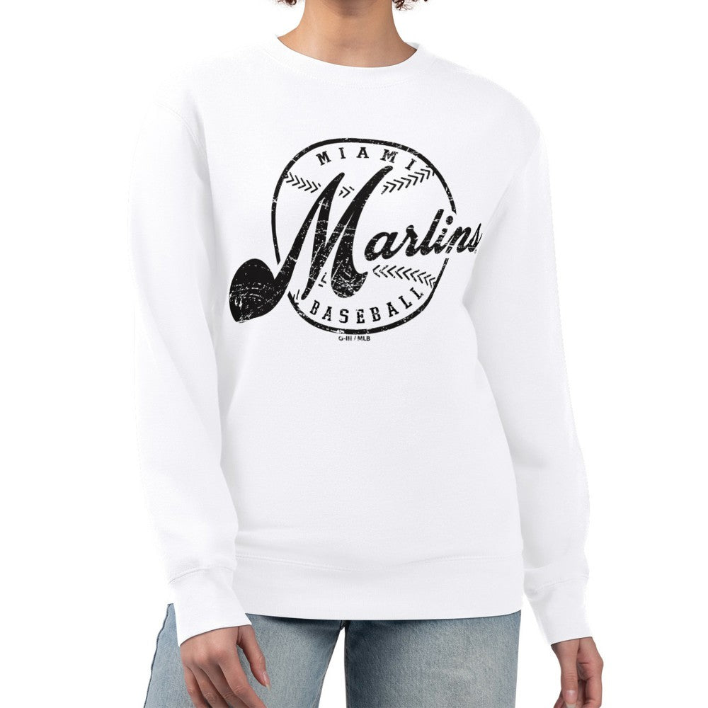 Miami Marlins G-III 4Her by Carl Banks Women's Distressed Baseball Team Fleece Pullover Sweatshirt - White