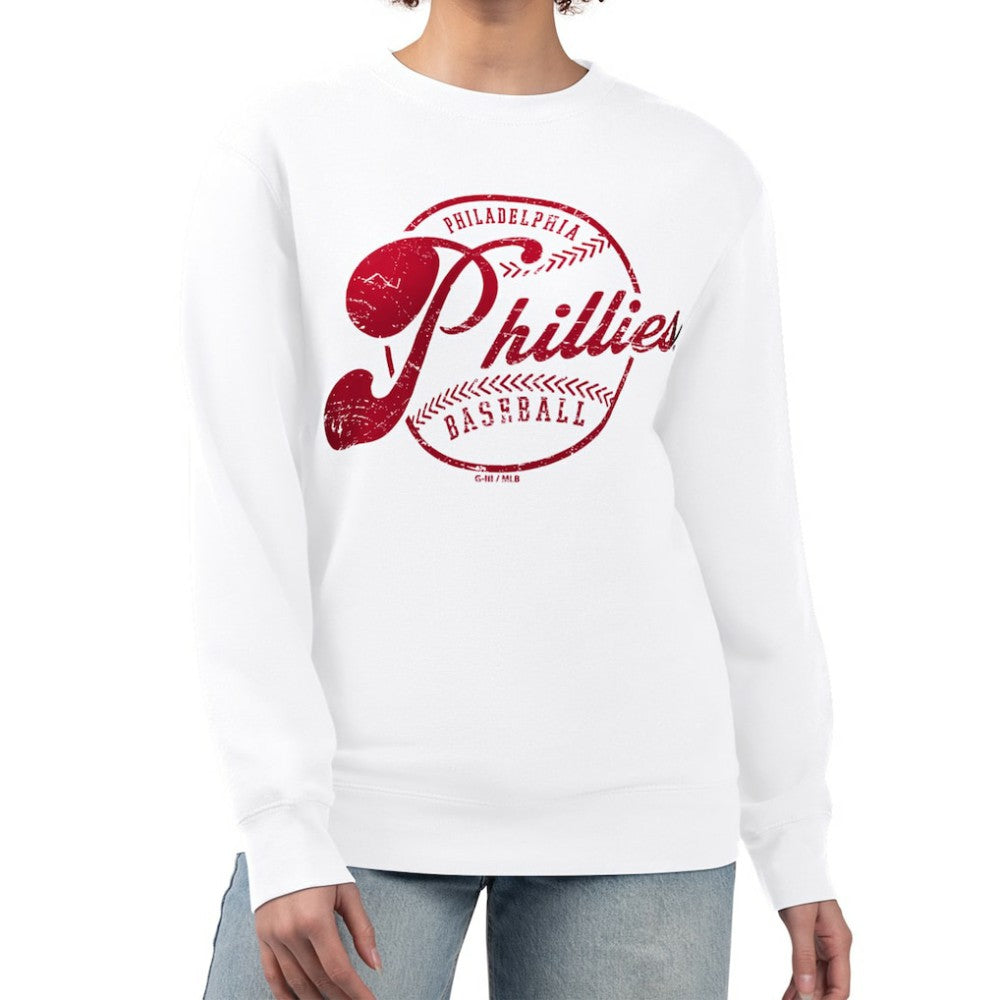 Philadelphia Phillies G-III 4Her by Carl Banks Women's Distressed Baseball Team Fleece Pullover Sweatshirt - White