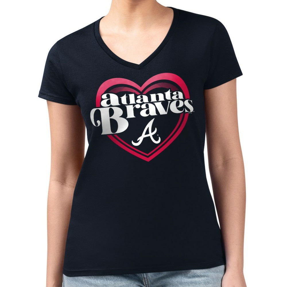 Atlanta Braves G-III 4Her by Carl Banks Women's Super-Slim Fit Lightweight Double Heart V-Neck T-Shirt - Navy