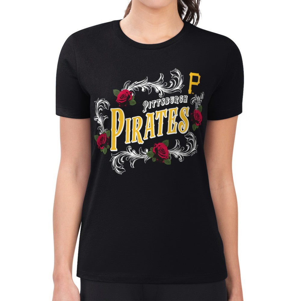 Pittsburgh Pirates G-III 4Her by Carl Banks Women's Super-Slim Fit Lightweight Retro Roses T-Shirt - Black