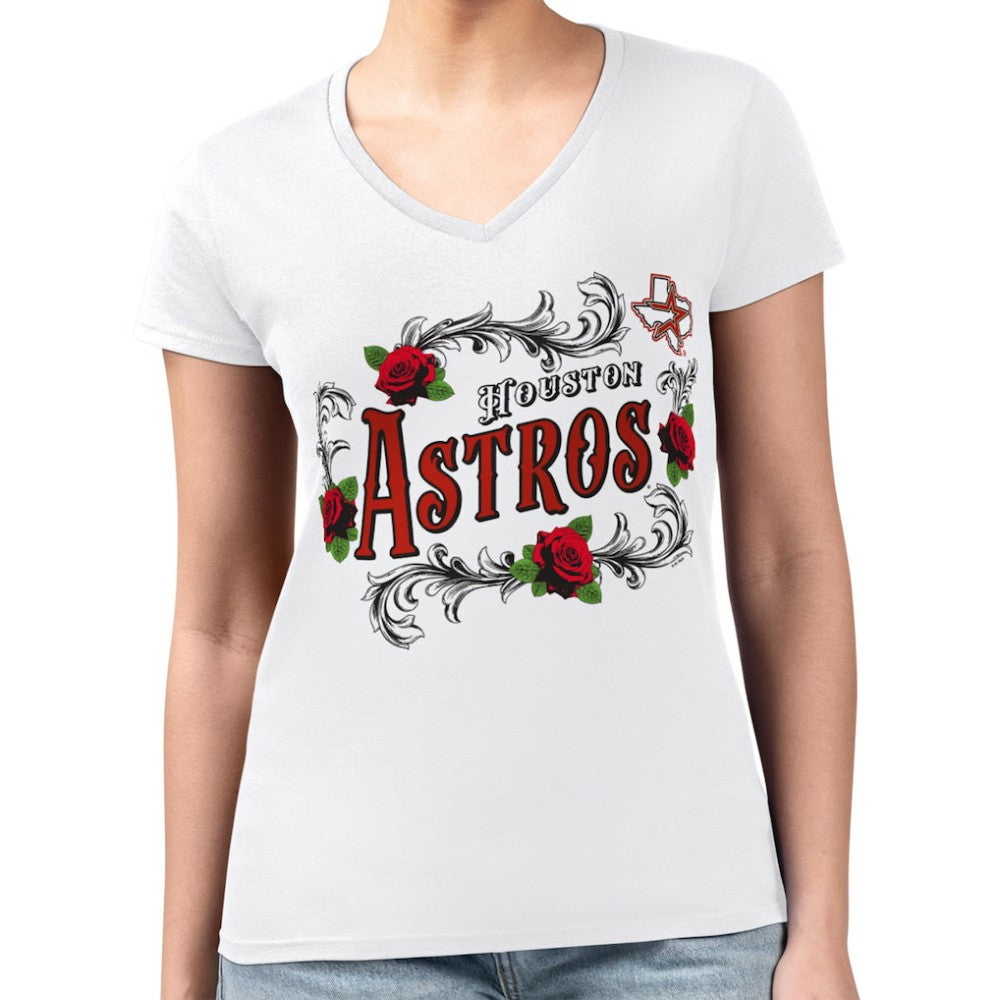Houston Astros G-III 4Her by Carl Banks Women's Super-Slim Fit Lightweight Retro Roses V-Neck T-Shirt - White