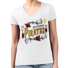 Pittsburgh Pirates G-III 4Her by Carl Banks Women's Super-Slim Fit Lightweight Retro Roses V-Neck T-Shirt - White