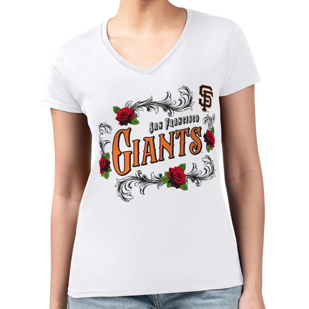San Francisco Giants G-III 4Her by Carl Banks Women's Super-Slim Fit Lightweight Retro Roses V-Neck T-Shirt - White