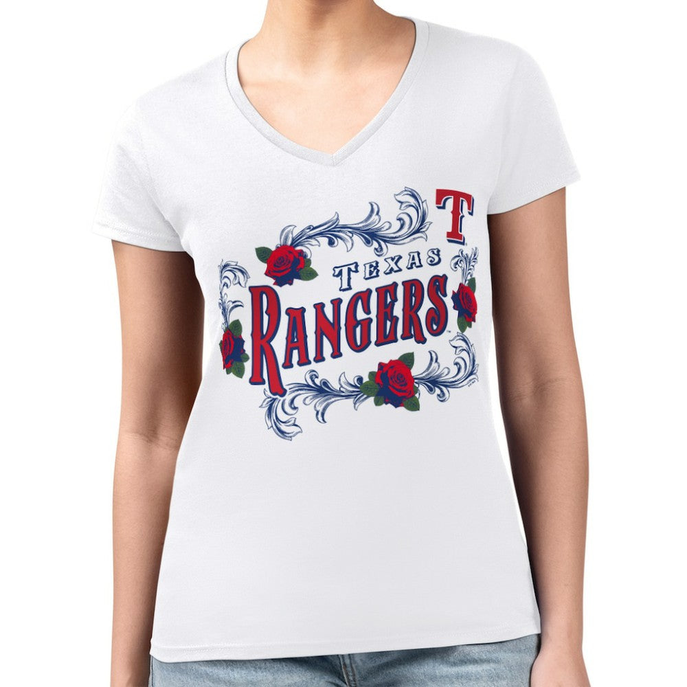 Texas Rangers G-III 4Her by Carl Banks Women's Super-Slim Fit Lightweight Retro Roses V-Neck T-Shirt - White
