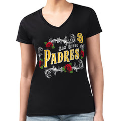 San Diego Padres G-III 4Her by Carl Banks Women's Super-Slim Fit Lightweight Retro Roses V-Neck T-Shirt - Black