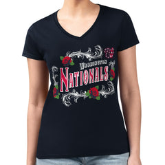 Washington Nationals G-III 4Her by Carl Banks Women's Super-Slim Fit Lightweight Retro Roses V-Neck T-Shirt - Navy