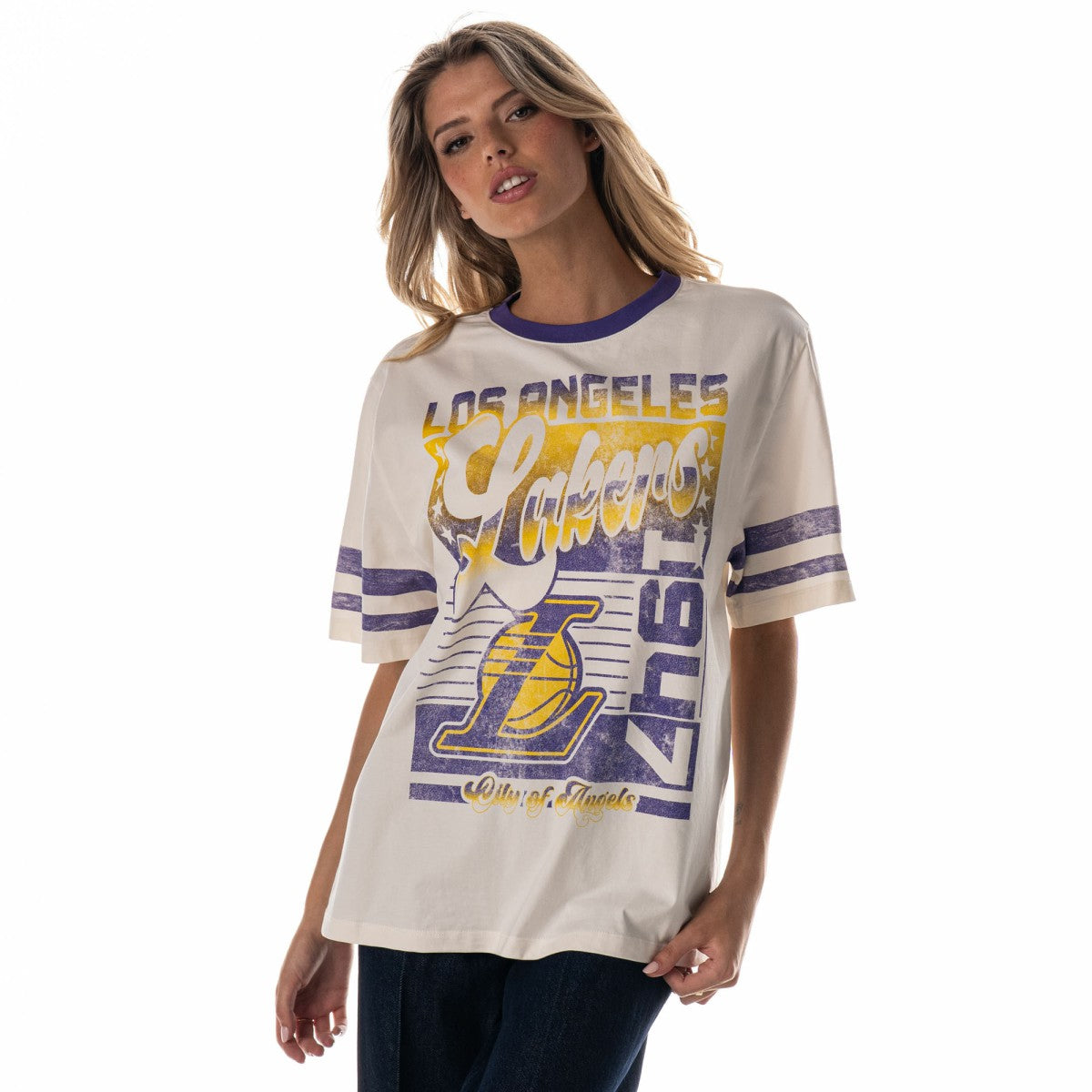 Los Angeles Lakers The Wild Collective Women's Vintage Drop Shoulder Oversized Boyfriend T-Shirt - Cream cheap
