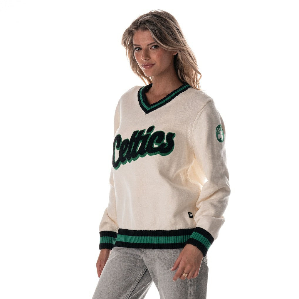 Boston Celtics The Wild Collective Women's Jacquard V-Neck Sweater - Cream cheap