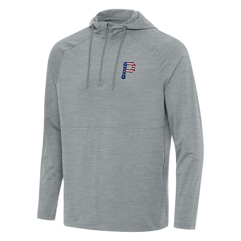 Pittsburgh Pirates Antigua Spikes Stars and Stripes Team Logo Quarter-Zip Pullover Hoodie - Heather Gray