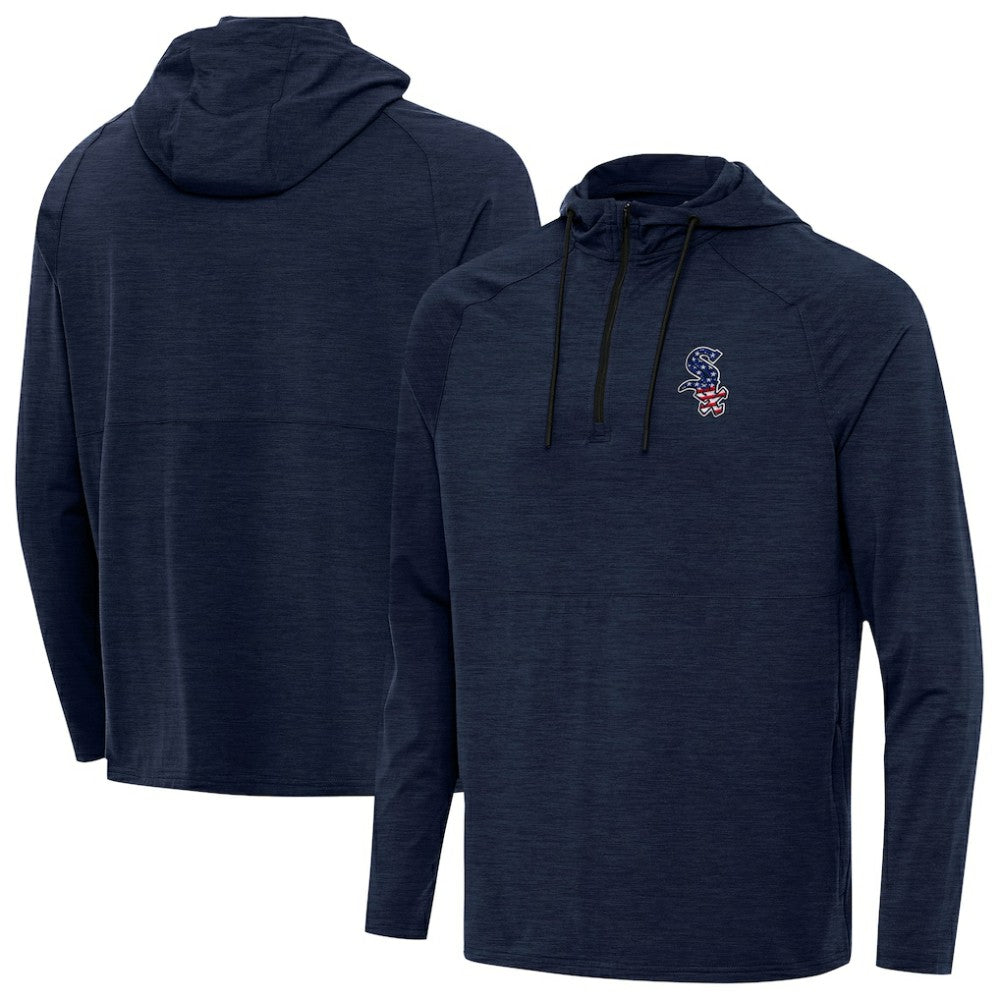 Chicago White Sox Antigua Spikes Stars and Stripes Team Logo Quarter-Zip Pullover Hoodie - Heather Navy