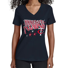 Minnesota Twins Starter Women's Fireworks V-Neck T-Shirt - Navy