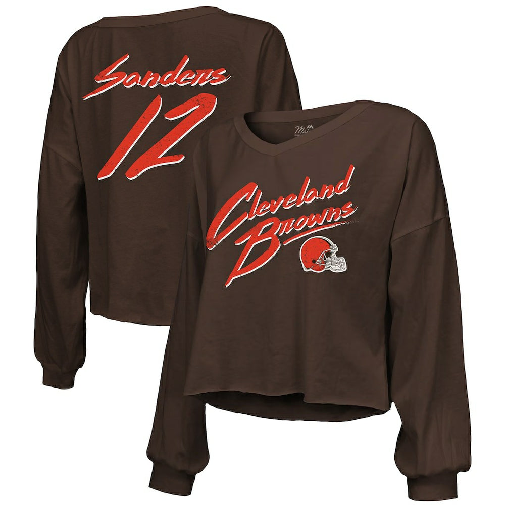 NFL Cleveland Browns Shedeur Sanders  Majestic Threads Women's Name & Number Off-Shoulder Script Cropped Long Sleeve Relaxed V-Neck T-Shirt