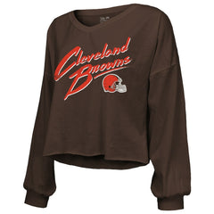 NFL Cleveland Browns Shedeur Sanders  Majestic Threads Women's Name & Number Off-Shoulder Script Cropped Long Sleeve Relaxed V-Neck T-Shirt