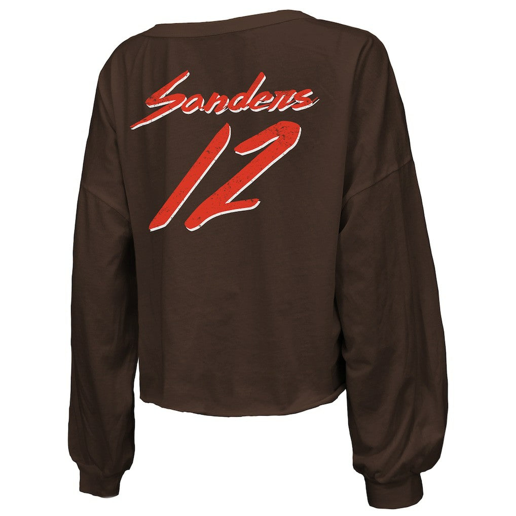 NFL Cleveland Browns Shedeur Sanders  Majestic Threads Women's Name & Number Off-Shoulder Script Cropped Long Sleeve Relaxed V-Neck T-Shirt